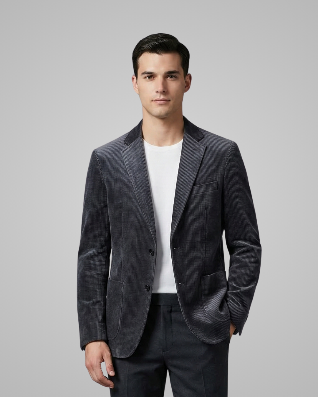 Man wearing a gray blazer over a white shirt on a gray background