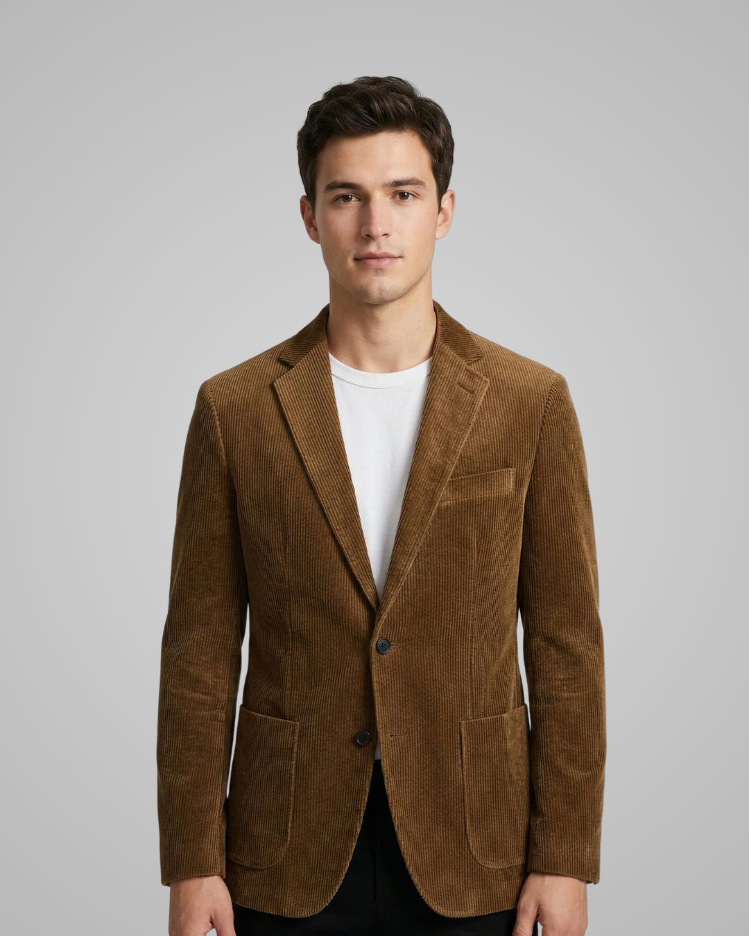 Man wearing a brown blazer over a white shirt on a gray background