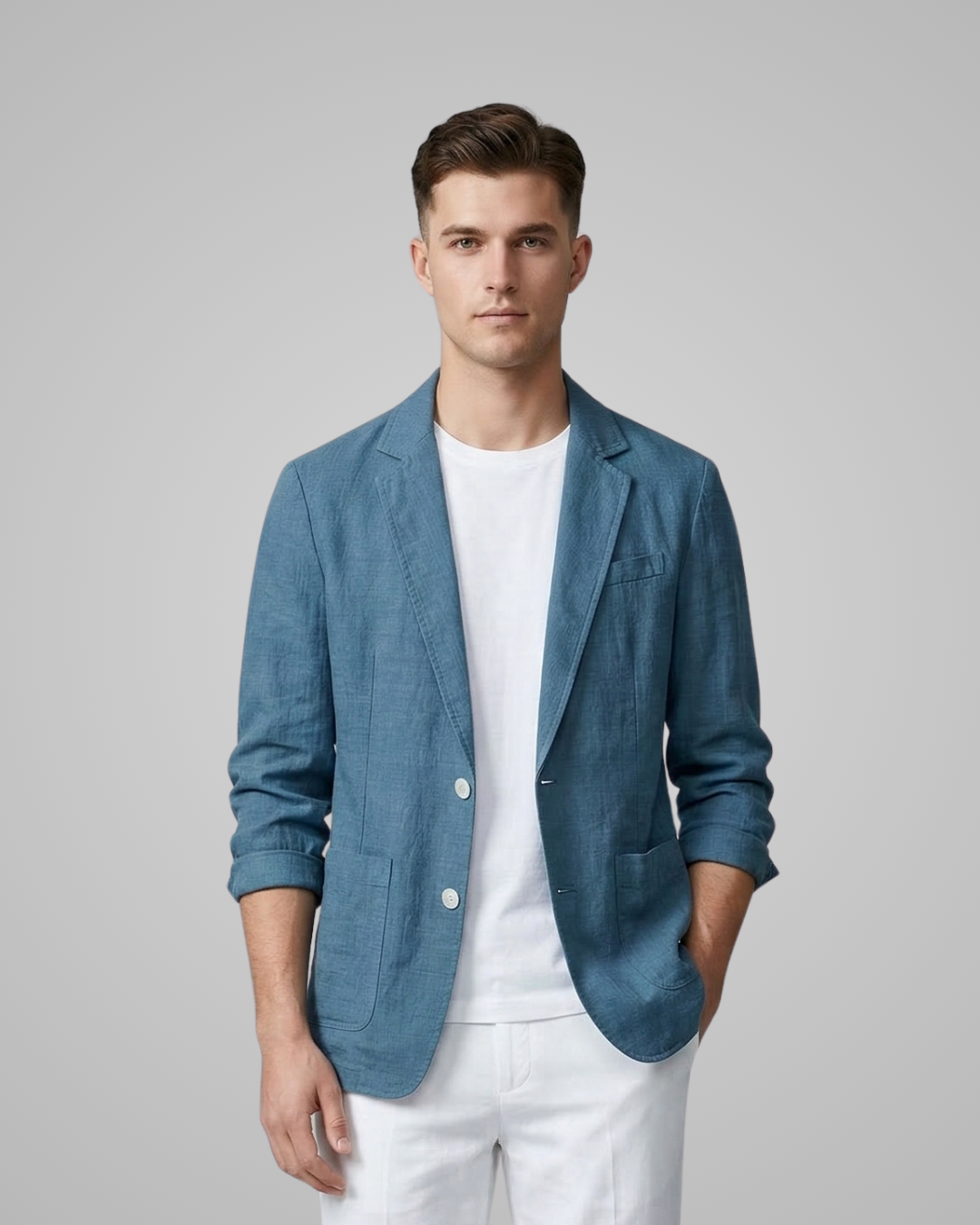 Man wearing a blue blazer over a white shirt and pants on a gray background