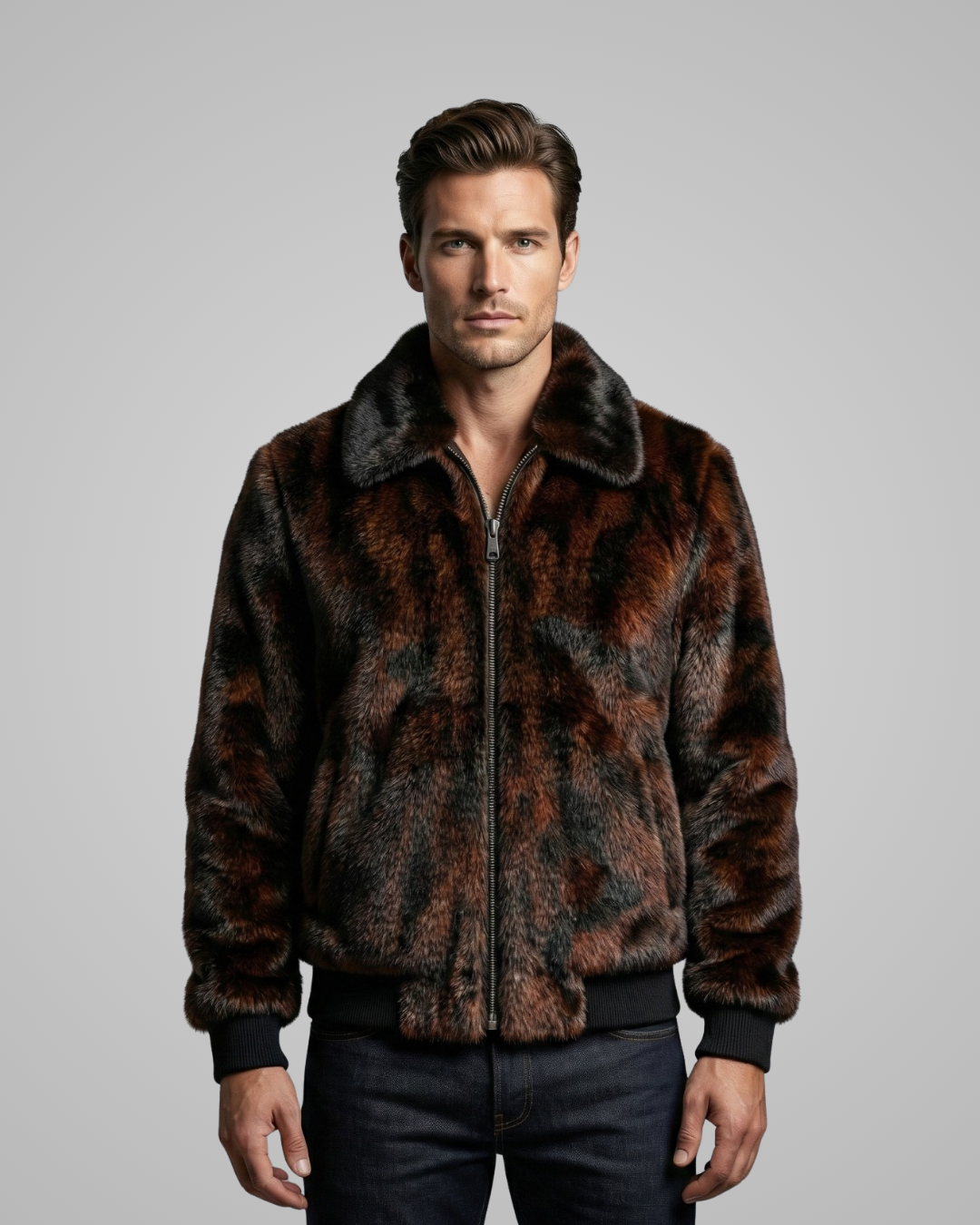 Man wearing a brown fur jacket against a gray background