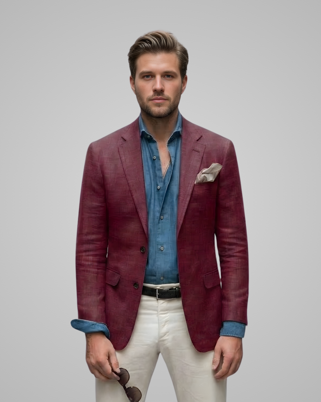 Man wearing a maroon blazer over a blue shirt with white pants on a gray background