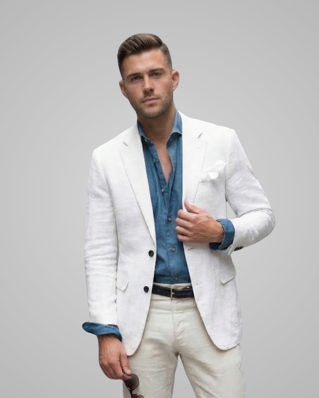 Man wearing a white blazer over a blue shirt with rolled-up sleeves on a gray background