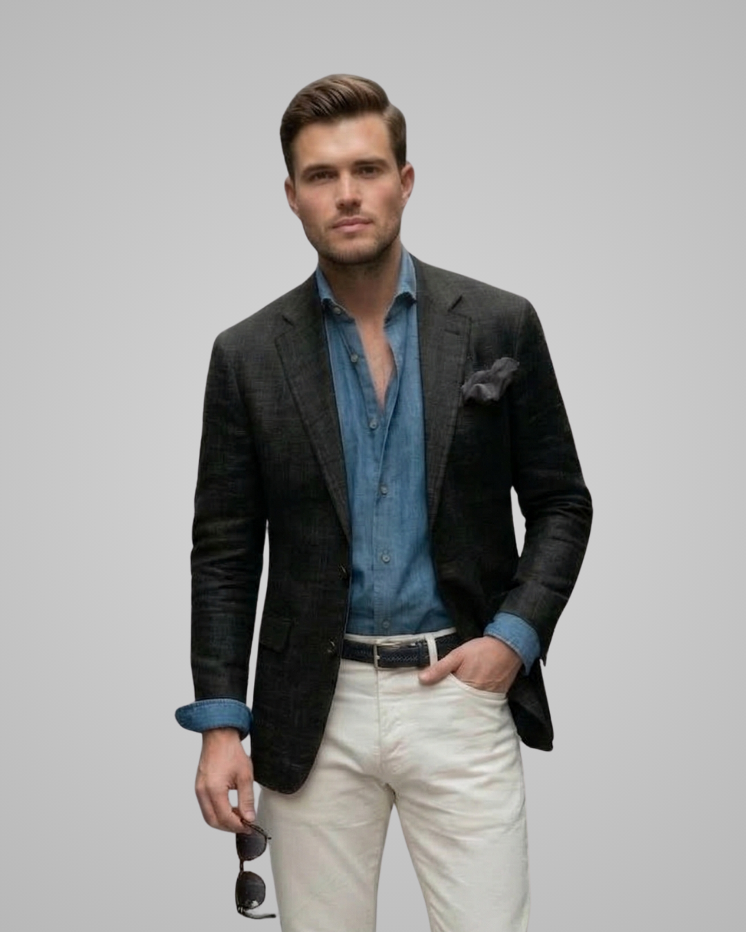 Man wearing a dark blazer, blue shirt, and white pants against a gray background