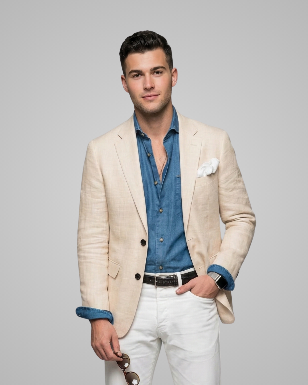 Man wearing a beige blazer over a blue shirt with white pants on a gray background