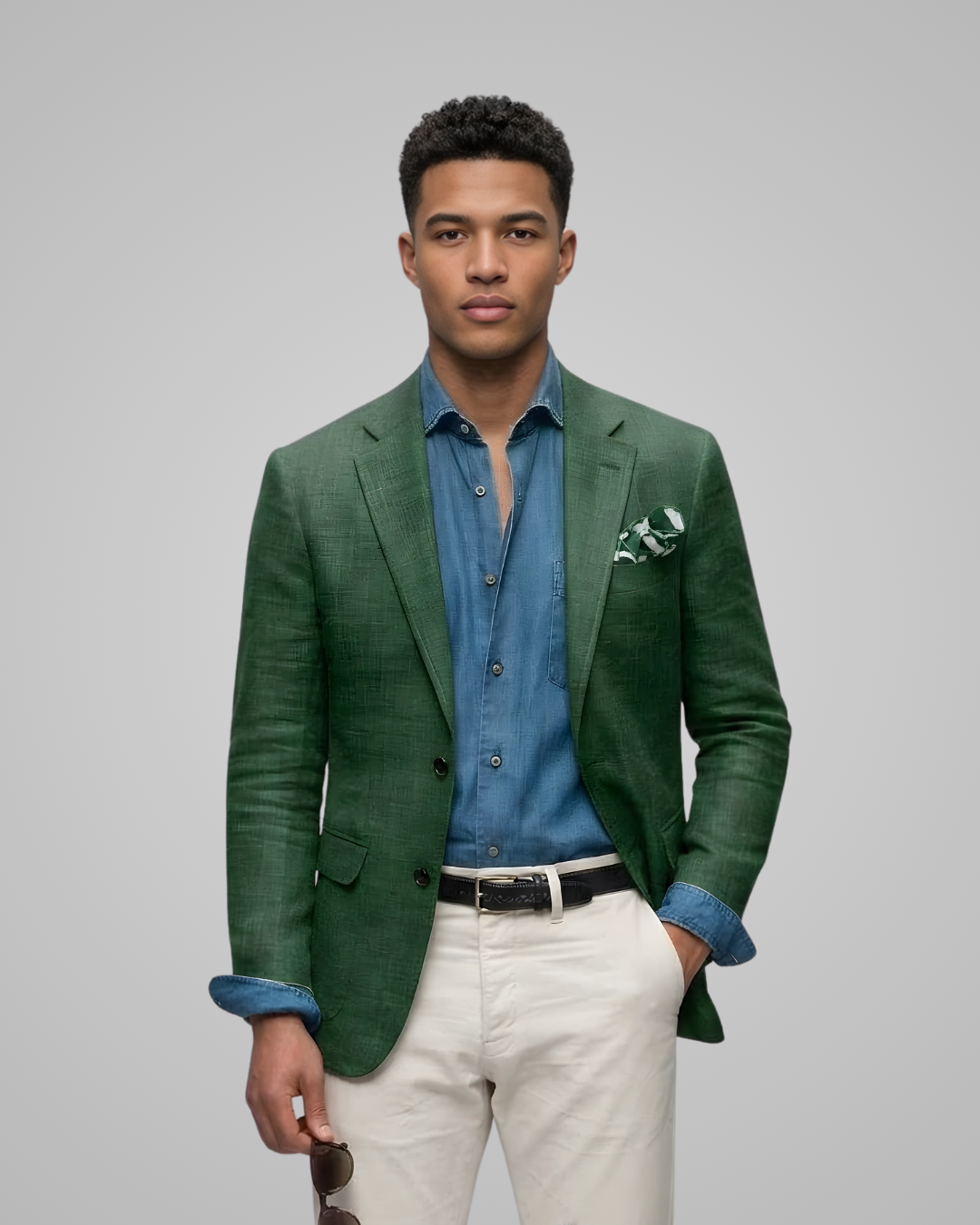 Man wearing a green blazer over a blue shirt with white pants on a gray background