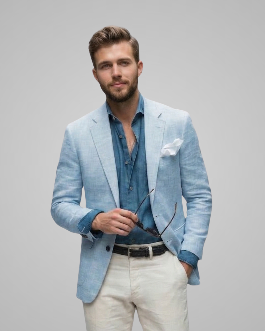 Man wearing a light blue blazer over a denim shirt with white pants on a gray background