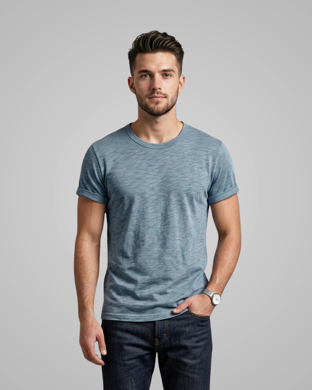Man wearing a blue t-shirt and dark jeans against a gray background