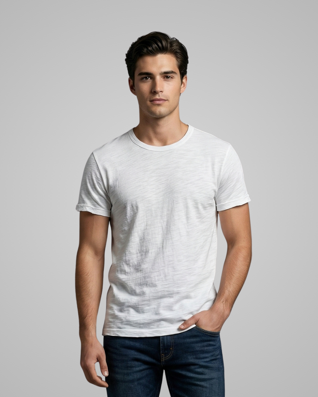 Man wearing a plain white t-shirt against a gray background
