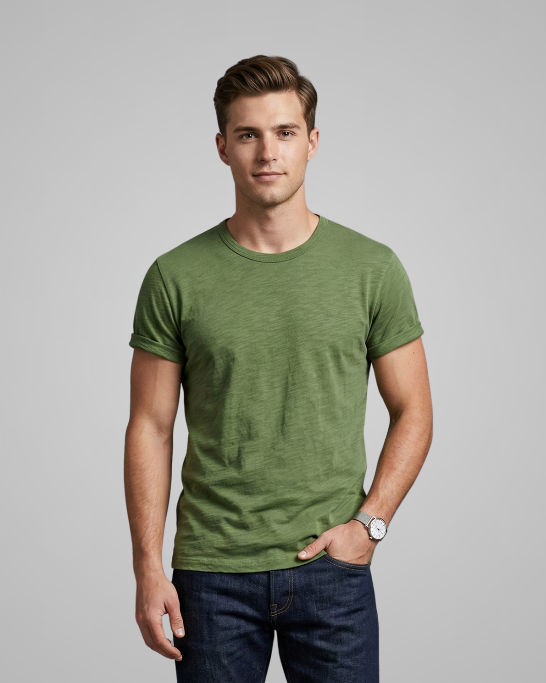 Man wearing a green t-shirt and dark jeans against a gray background