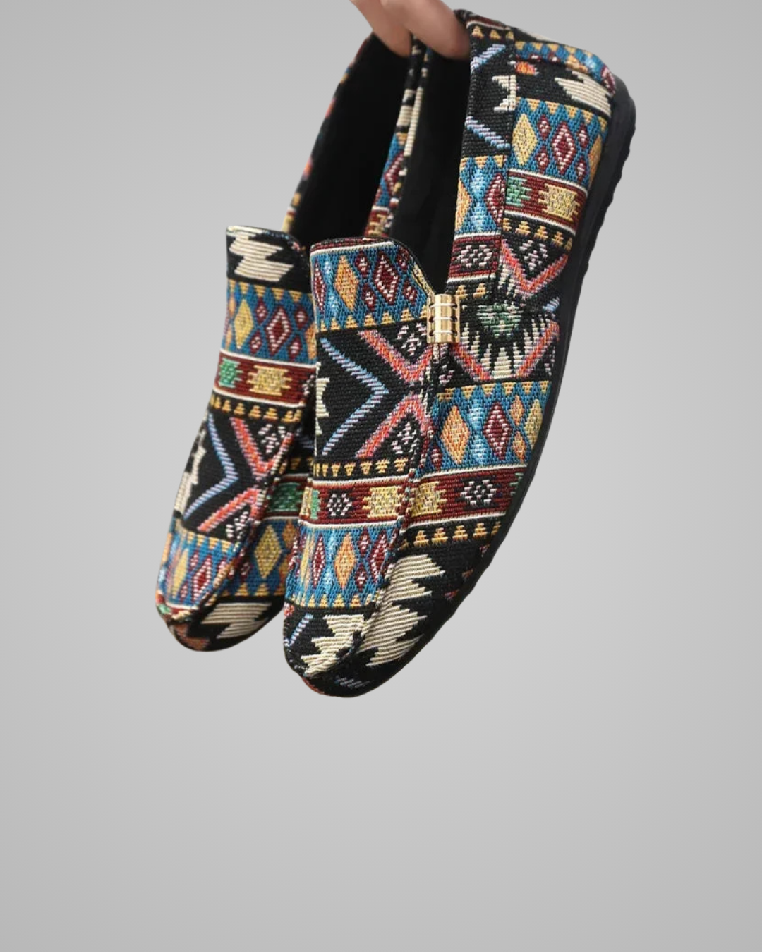 Pair of patterned slippers on a gray background