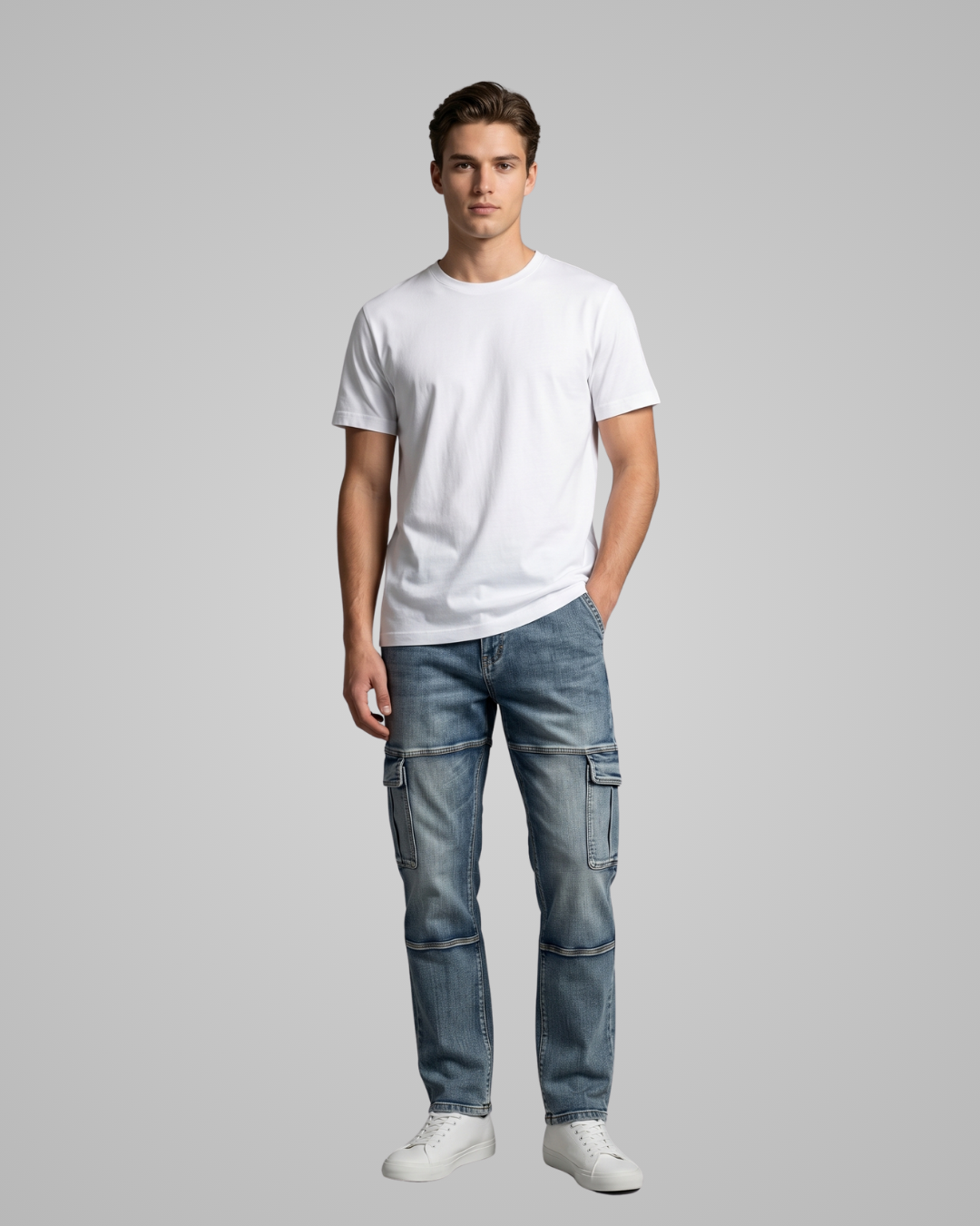 Man wearing a white t-shirt and blue cargo pants on a gray background