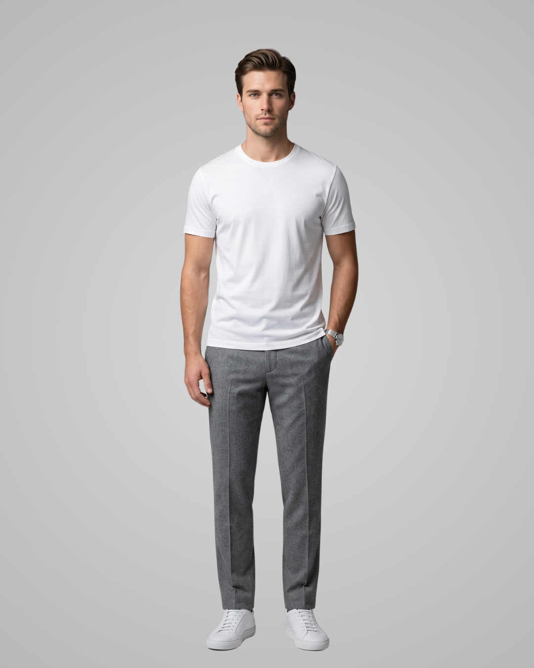 Man wearing a white t-shirt and gray pants on a light gray background