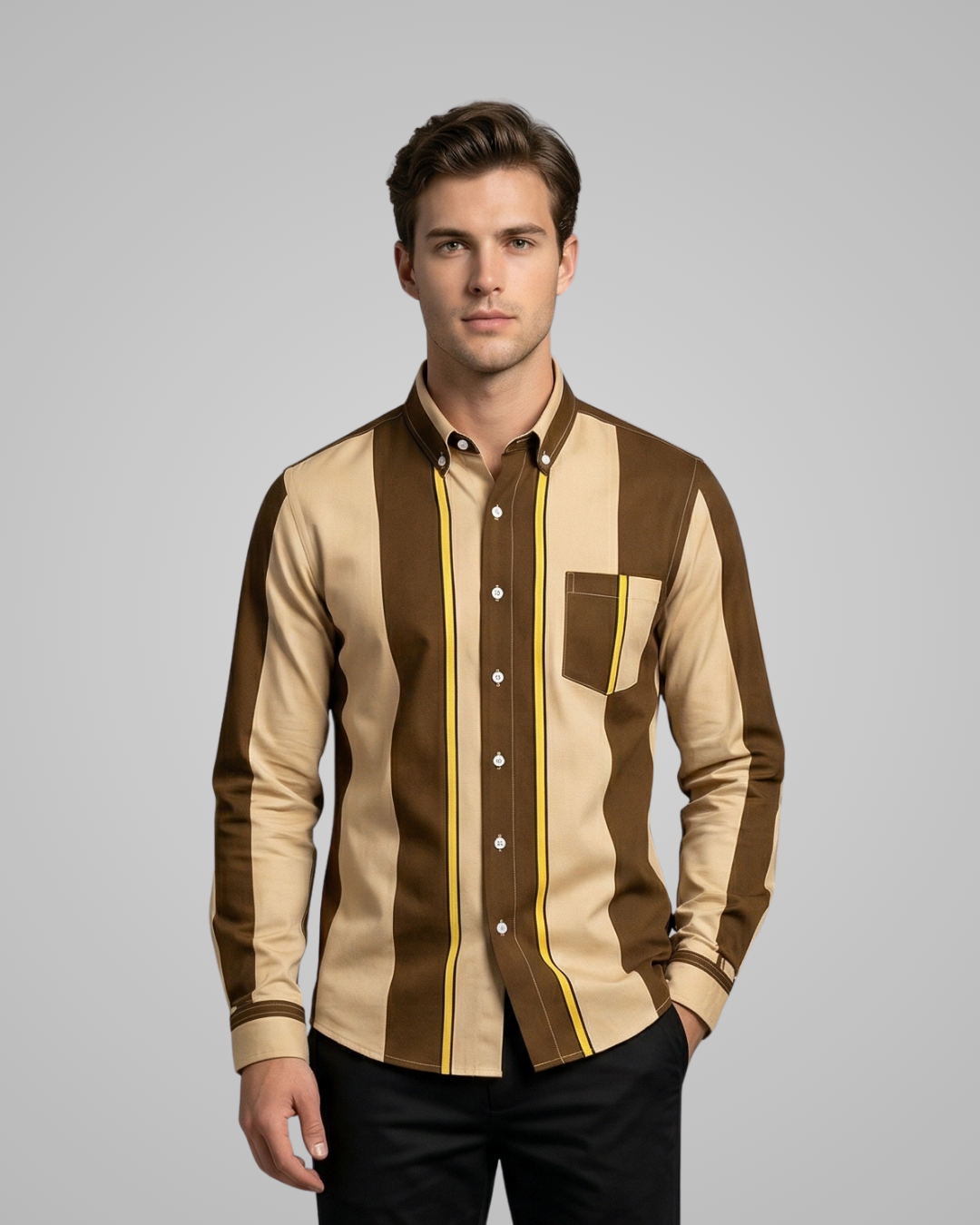 Man wearing a brown and beige striped shirt on a gray background