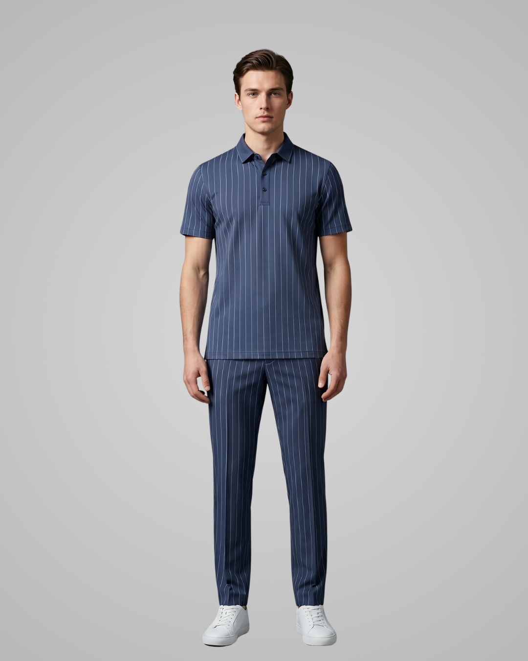 Man wearing a blue striped shirt and pants on a gray background