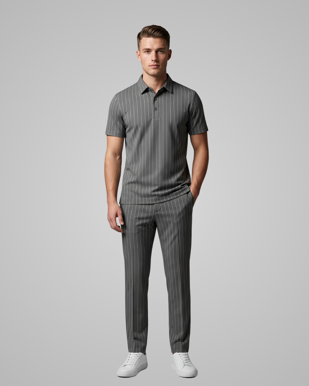 Man wearing a gray pinstripe polo shirt and pants on a light gray background