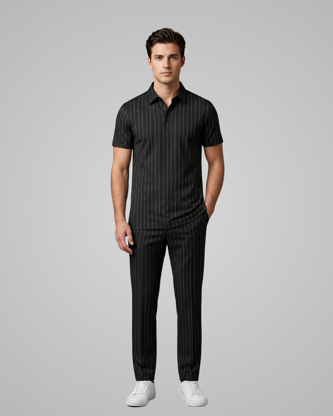 Man wearing a black pinstripe shirt and pants on a gray background