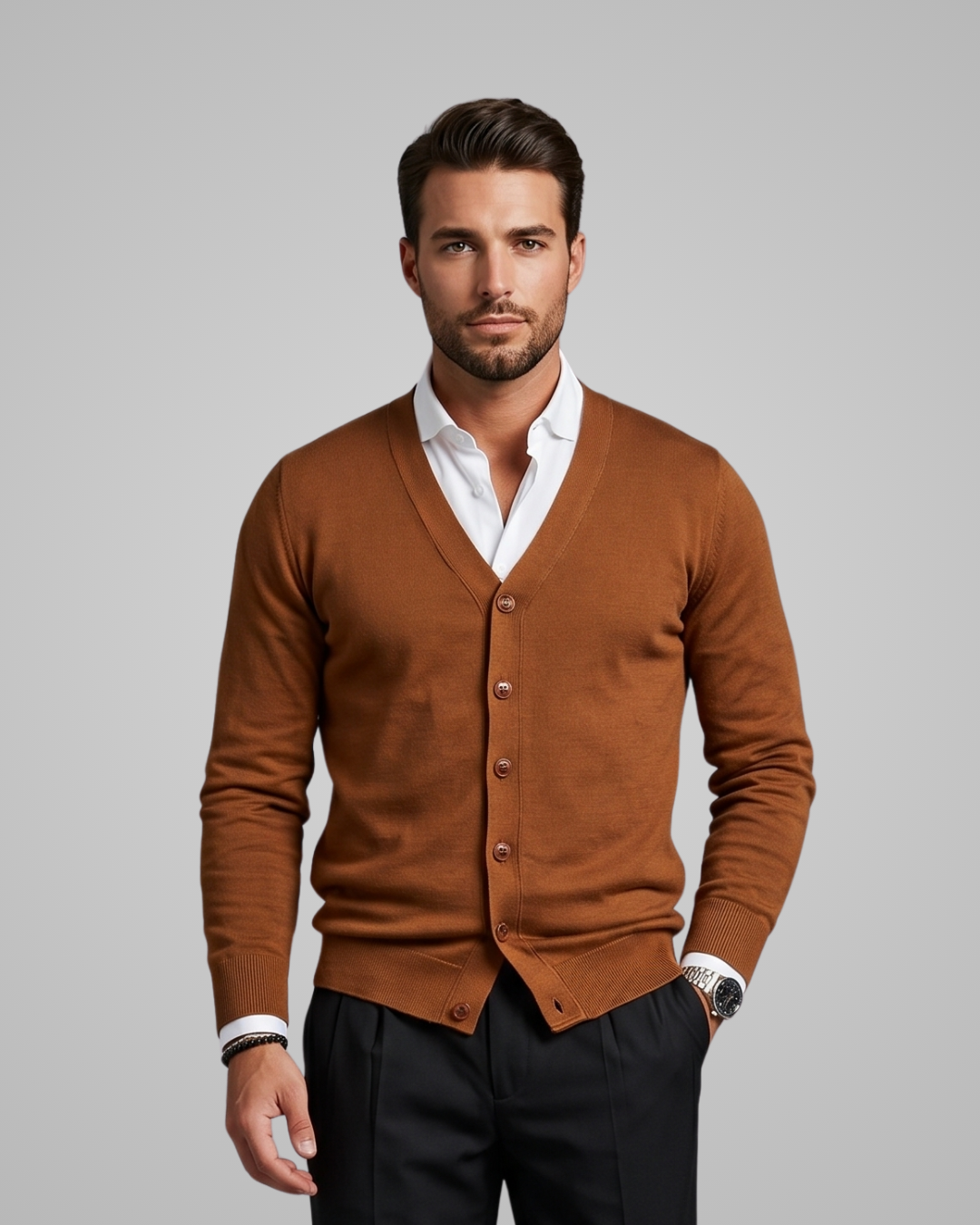 Man wearing a brown cardigan over a white shirt with a gray background