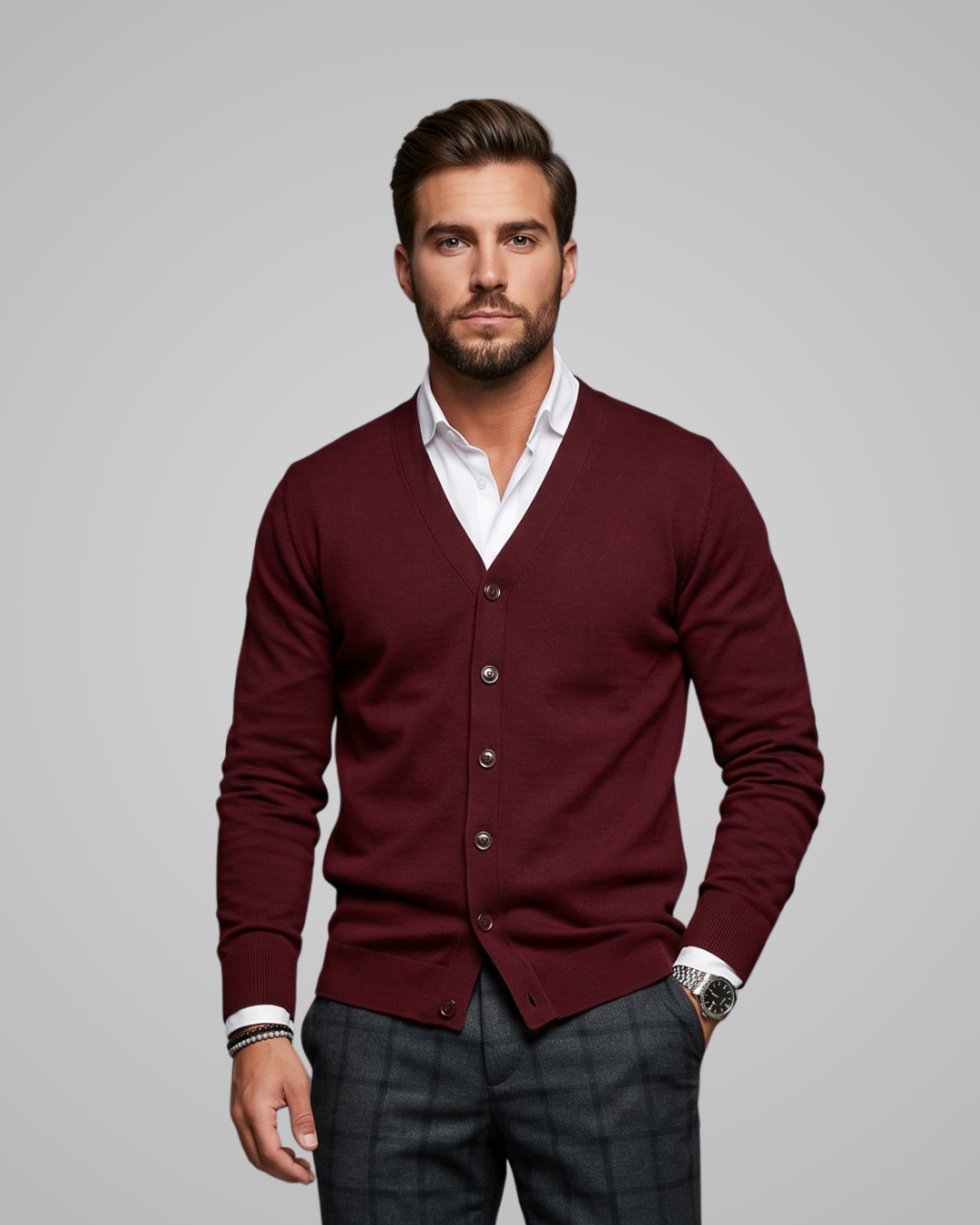 Man wearing a burgundy cardigan over a white shirt with gray pants on a gray background