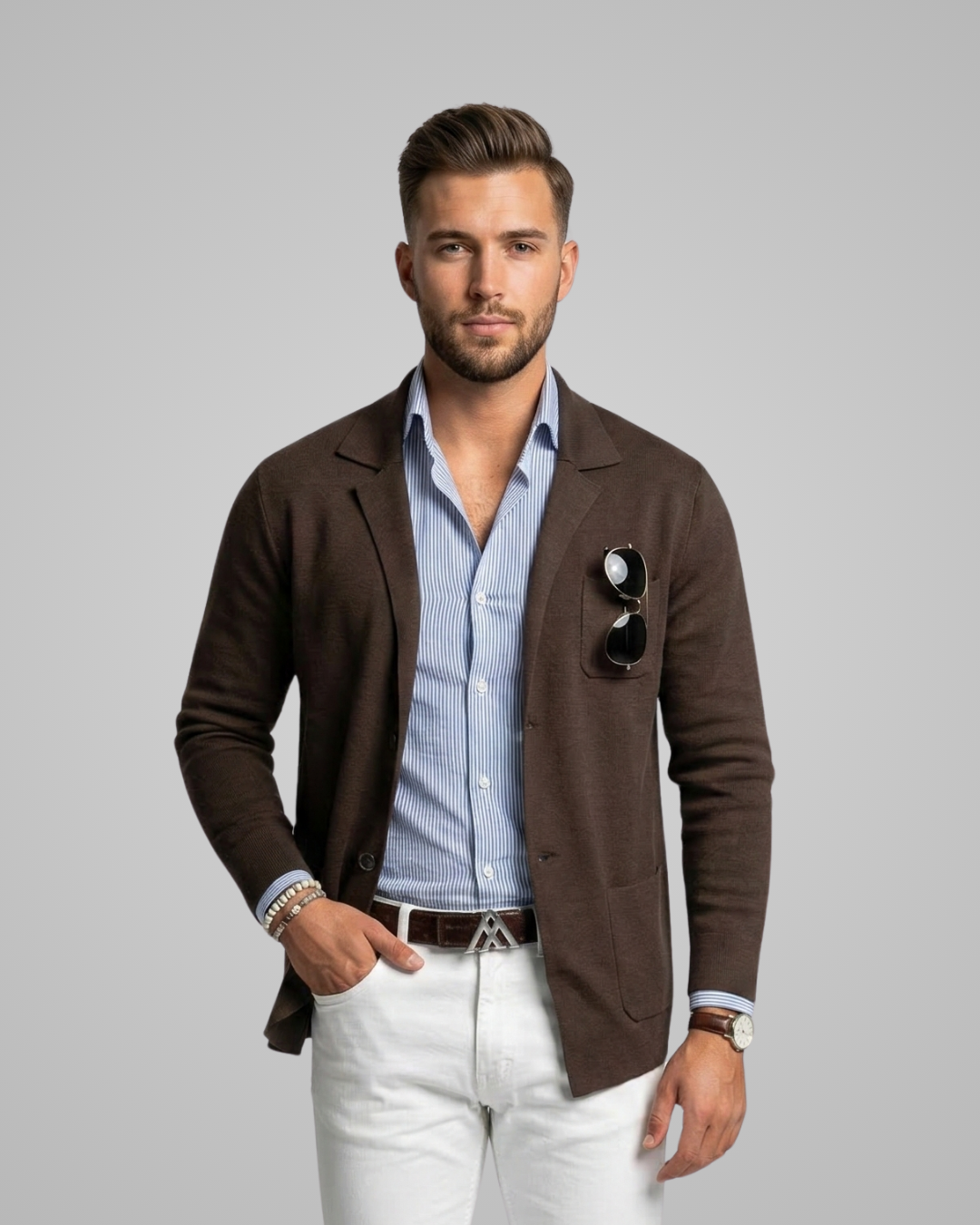 Man wearing a brown blazer over a blue shirt with sunglasses on a gray background