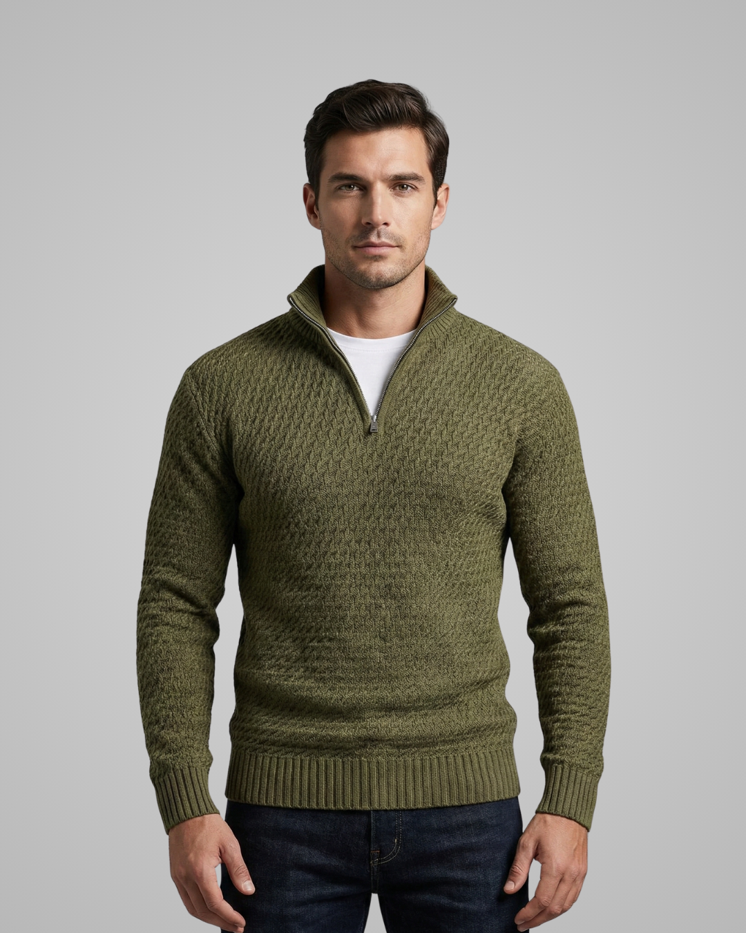 Man wearing a green sweater with a plain background