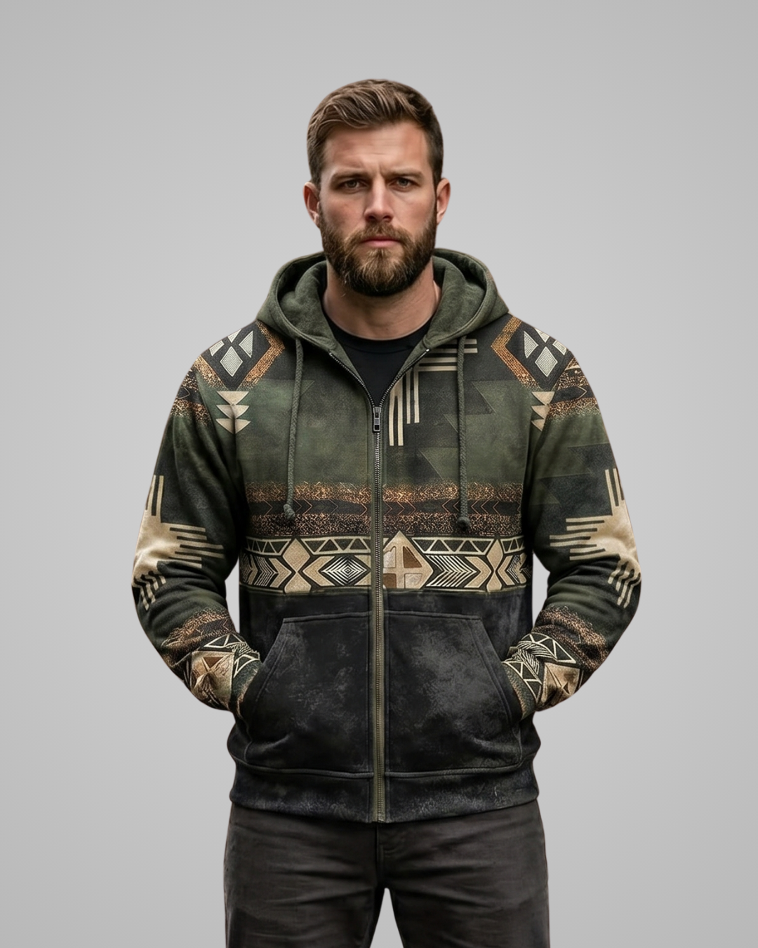 Man wearing a patterned hoodie against a gray background