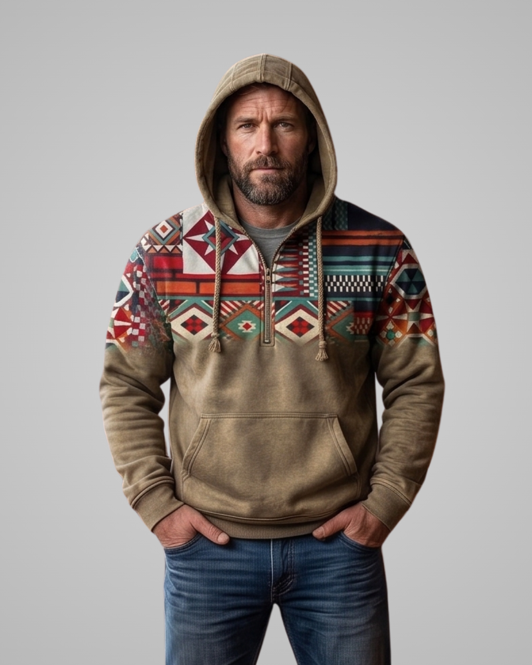 Man wearing a brown hoodie with geometric pattern on a gray background