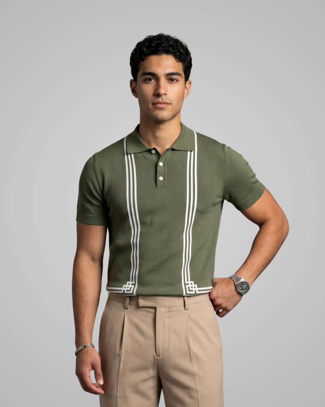 Man wearing a green polo shirt with white stripes and beige pants on a gray background