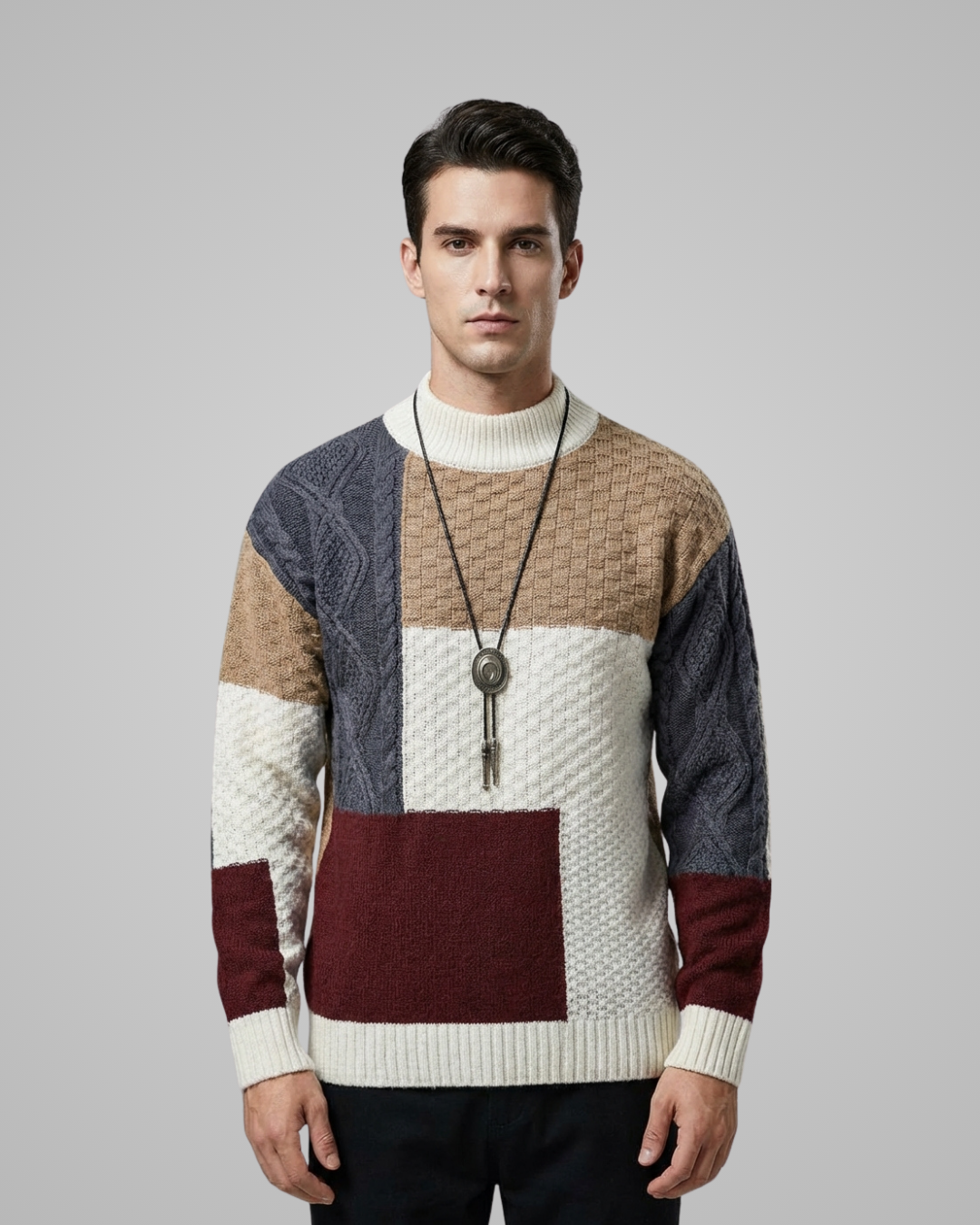 Man wearing a patterned sweater with a key pendant on a gray background