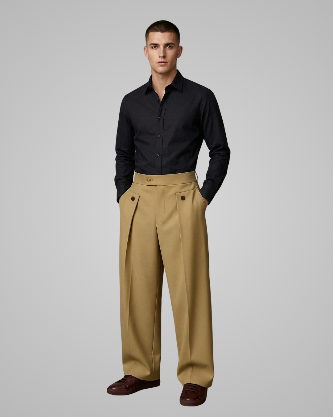 Man wearing a black shirt and beige pants on a gray background