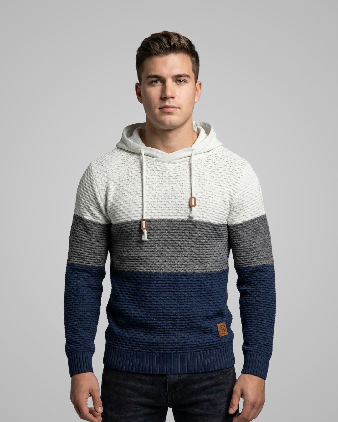 Man wearing a striped hoodie with white, gray, and navy colors on a gray background