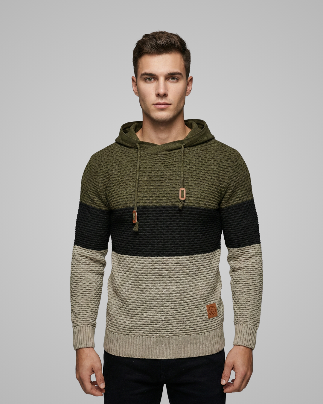 Man wearing a green, black, and beige striped hoodie on a gray background