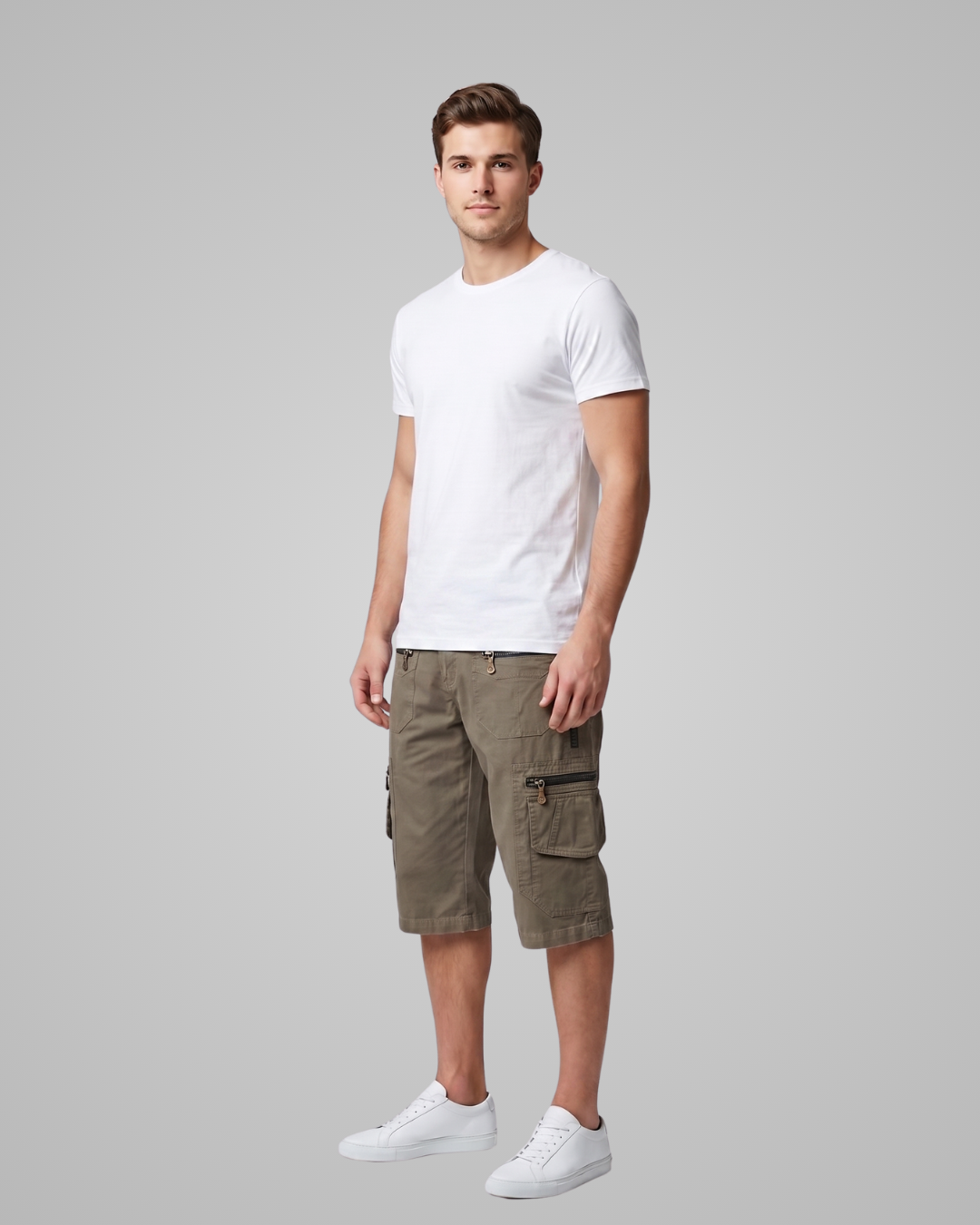 Man wearing a white t-shirt and green cargo shorts on a gray background