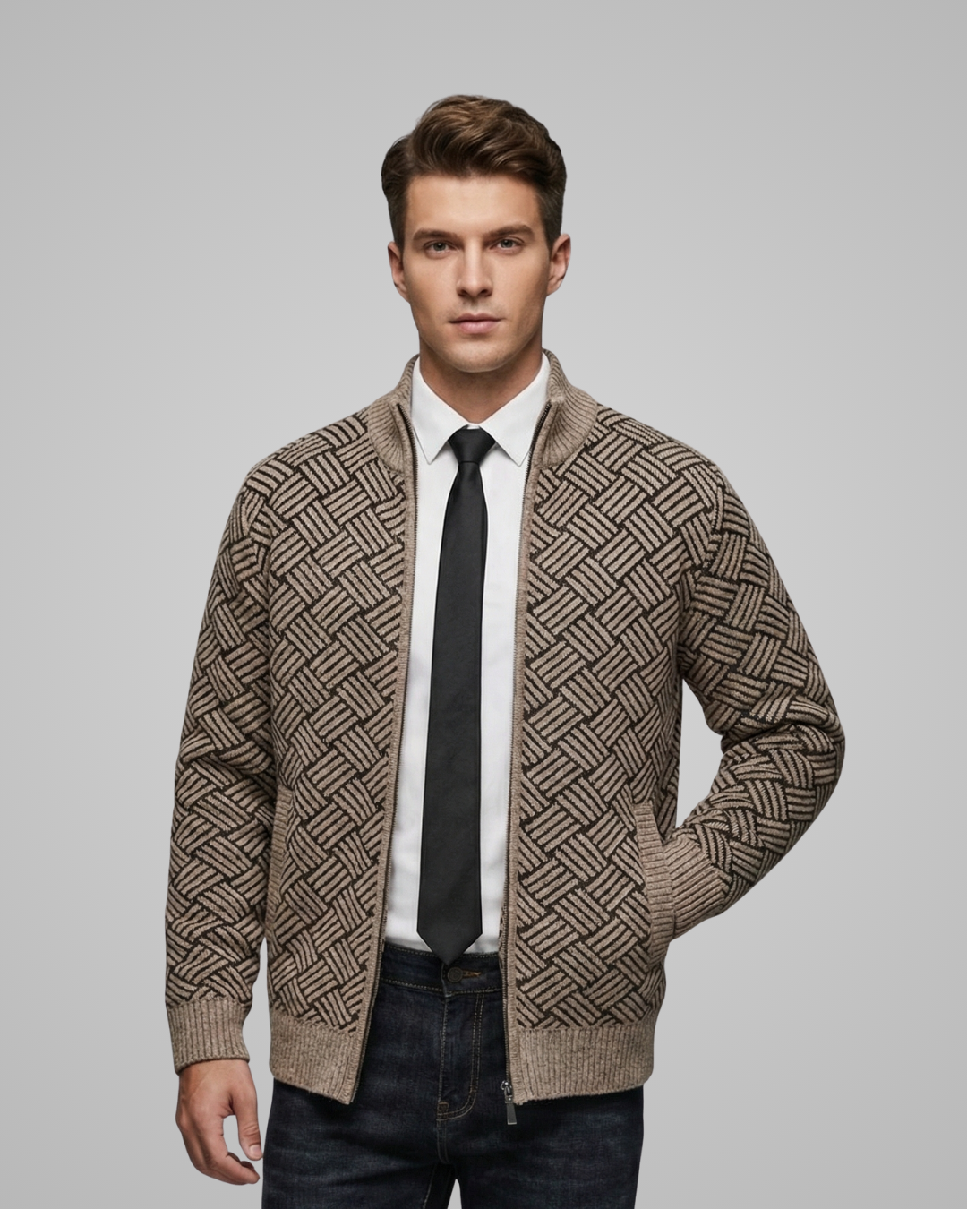Man wearing a patterned brown sweater over a white shirt with a black tie on a gray background