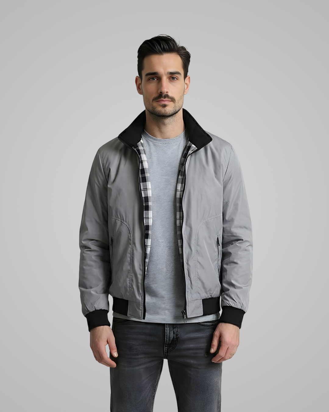 Lightweight Jacket with Stand Collar and Plaid Inner Lining | Lucas – Light Gray