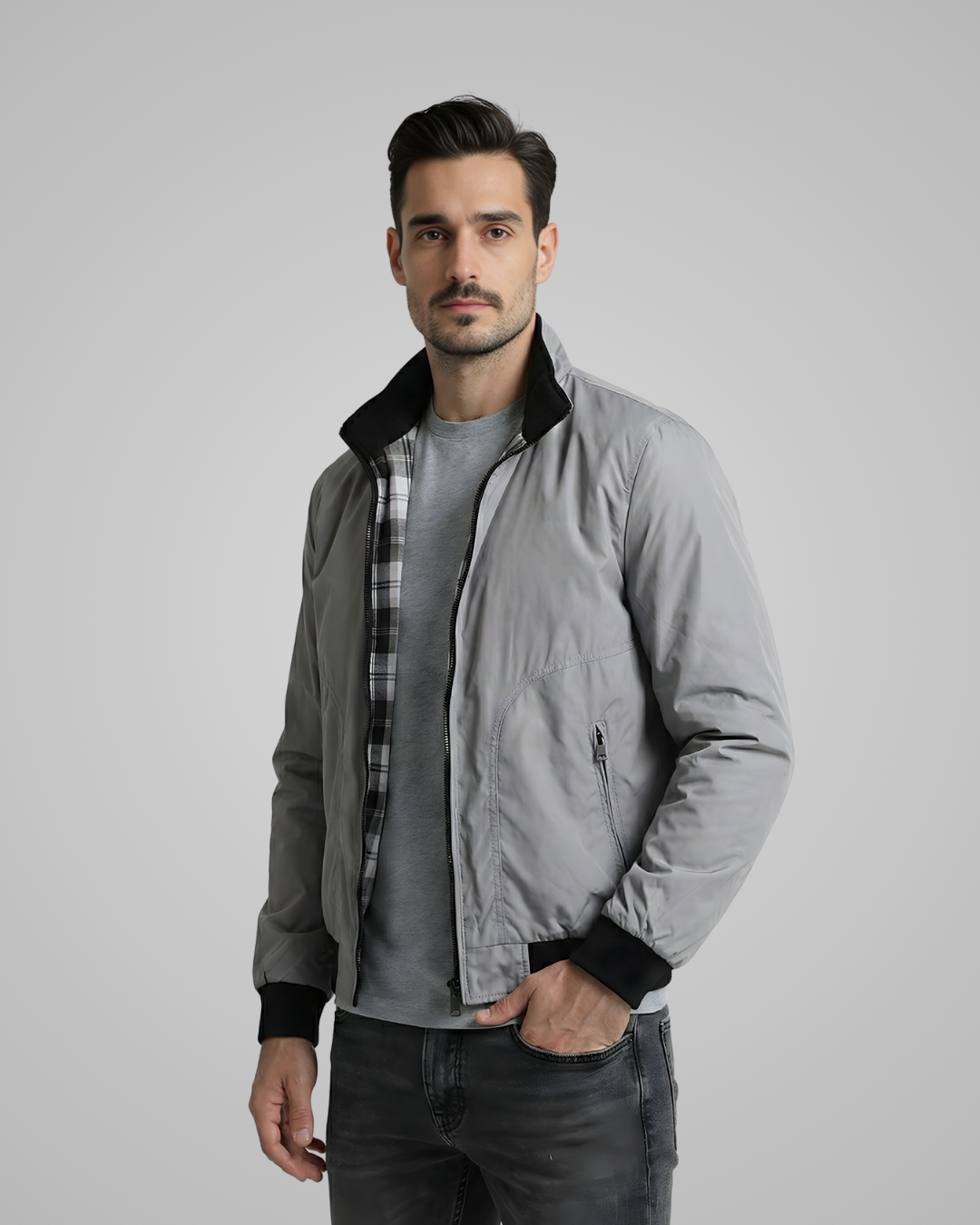 Lightweight Jacket with Stand Collar and Plaid Inner Lining | Lucas – Light Gray