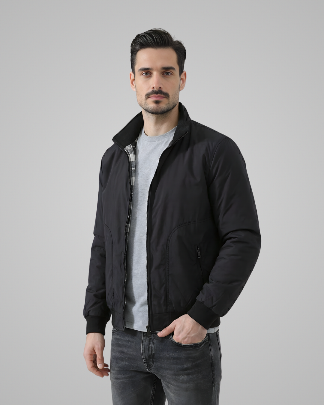 Lightweight Jacket with Stand Collar and Plaid Inner Lining | Marc – Black