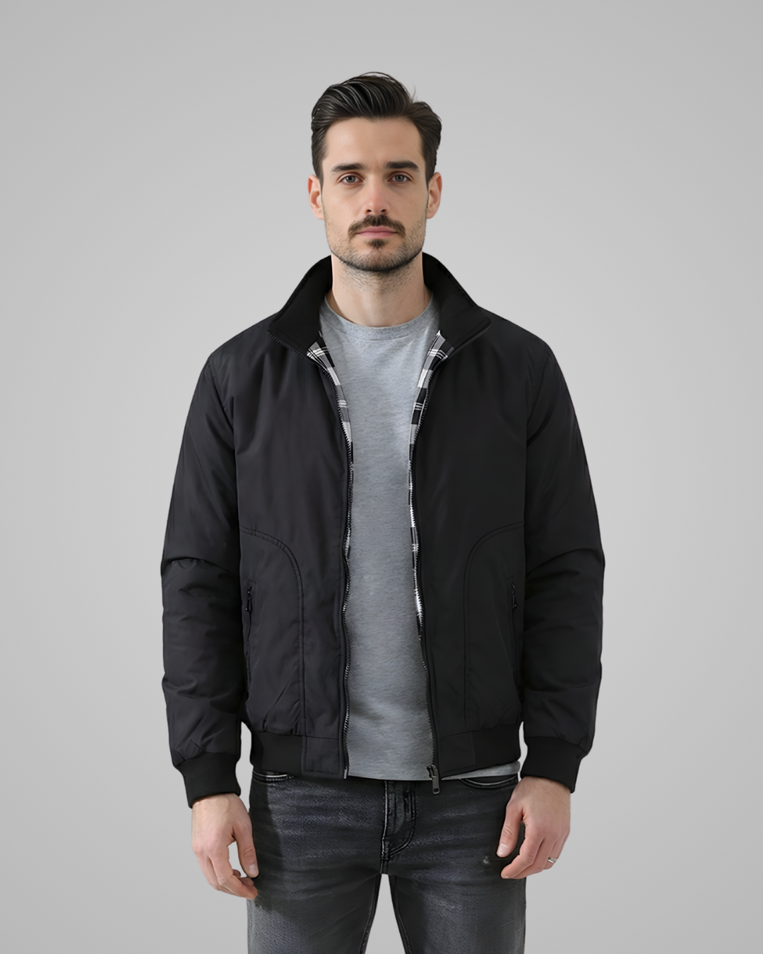 Lightweight Jacket with Stand Collar and Plaid Inner Lining | Marc – Black