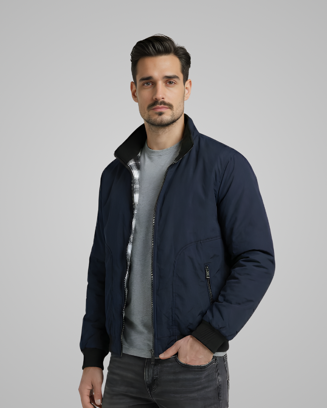 Lightweight Jacket with Stand Collar and Plaid Inner Lining | Connor – Navy Blue