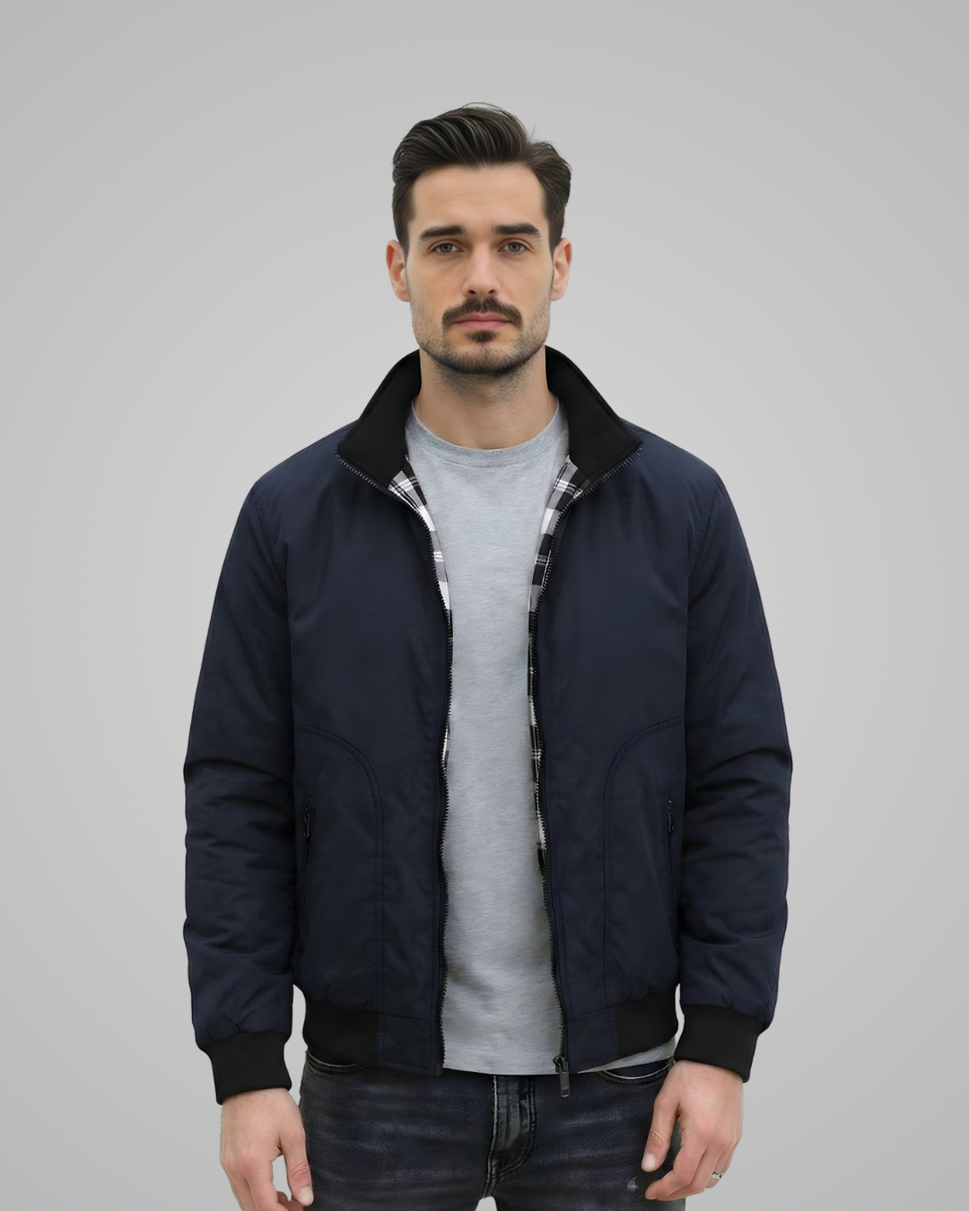 Lightweight Jacket with Stand Collar and Plaid Inner Lining | Connor – Navy Blue