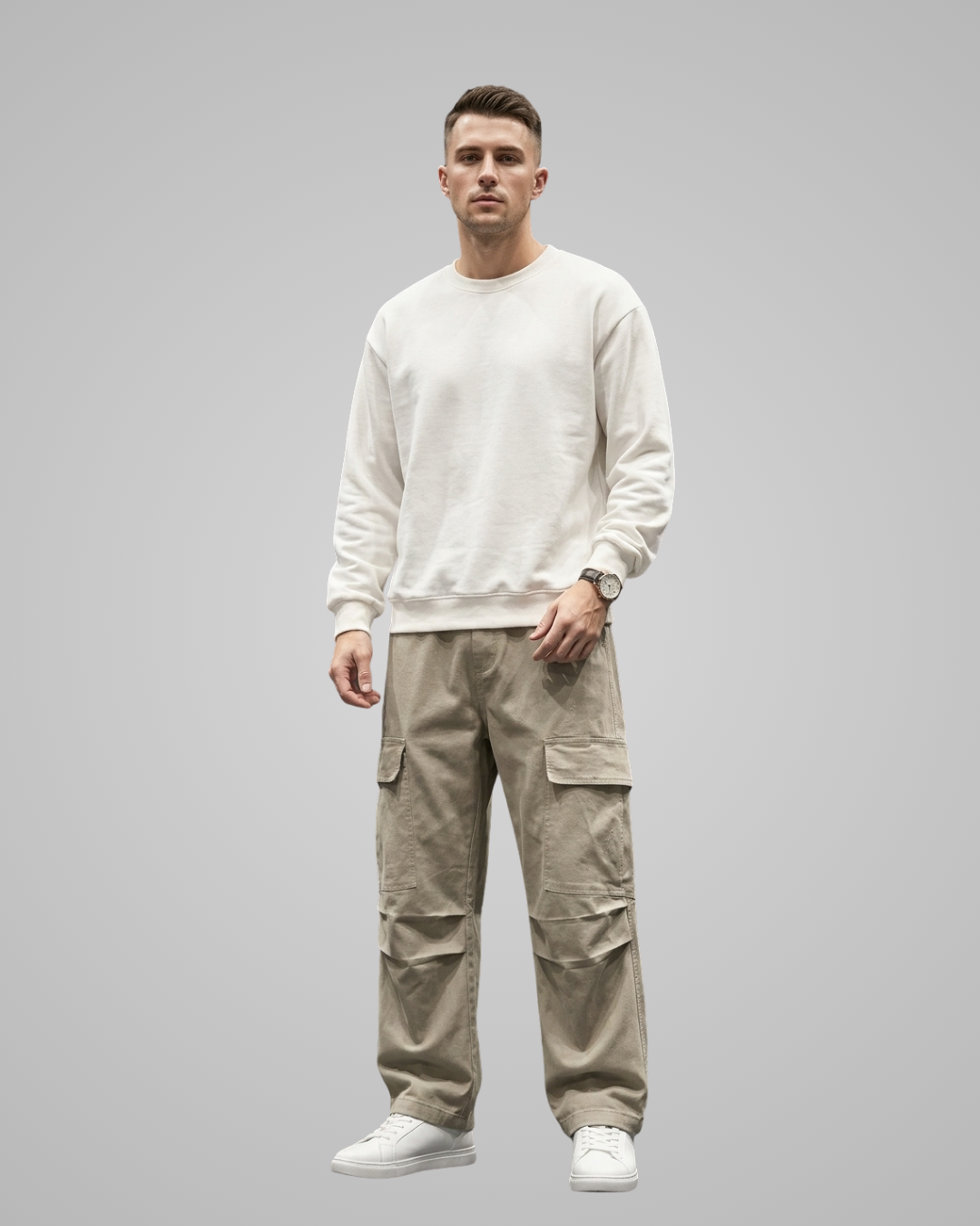 Man wearing a white sweater and beige cargo pants on a gray background
