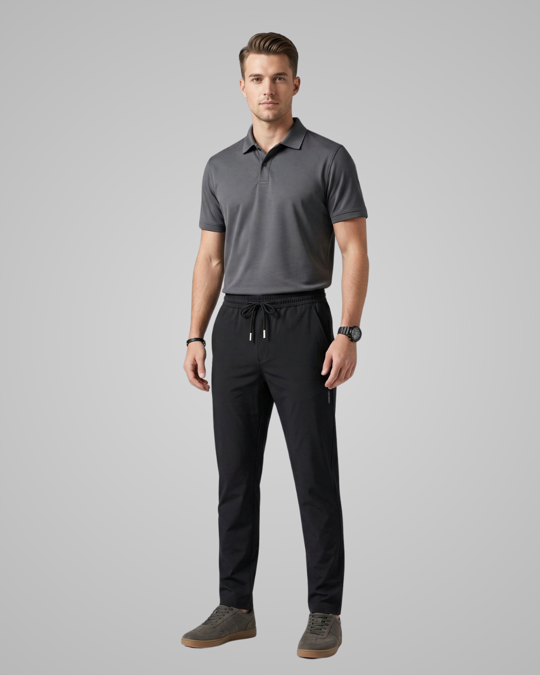 Man wearing a gray polo shirt and black pants on a gray background