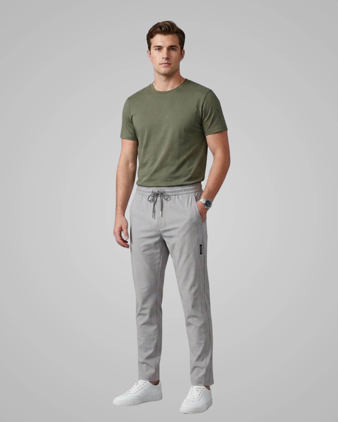 Man wearing a green t-shirt and gray jogger pants on a light gray background