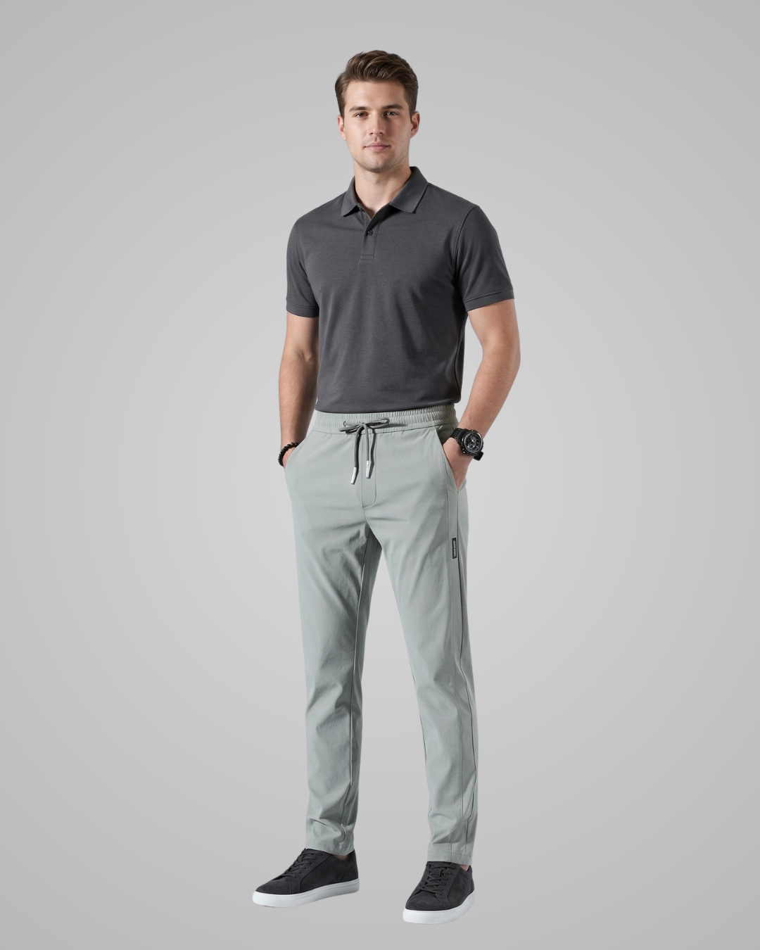 Man wearing a dark gray polo shirt and light gray pants on a plain background