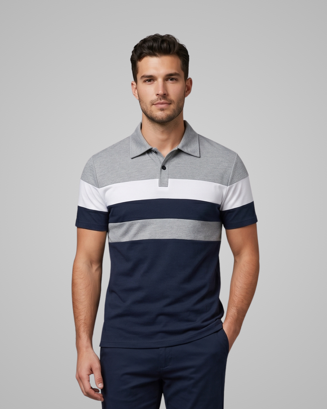 Man wearing a striped polo shirt with gray, white, and navy colors on a gray background
