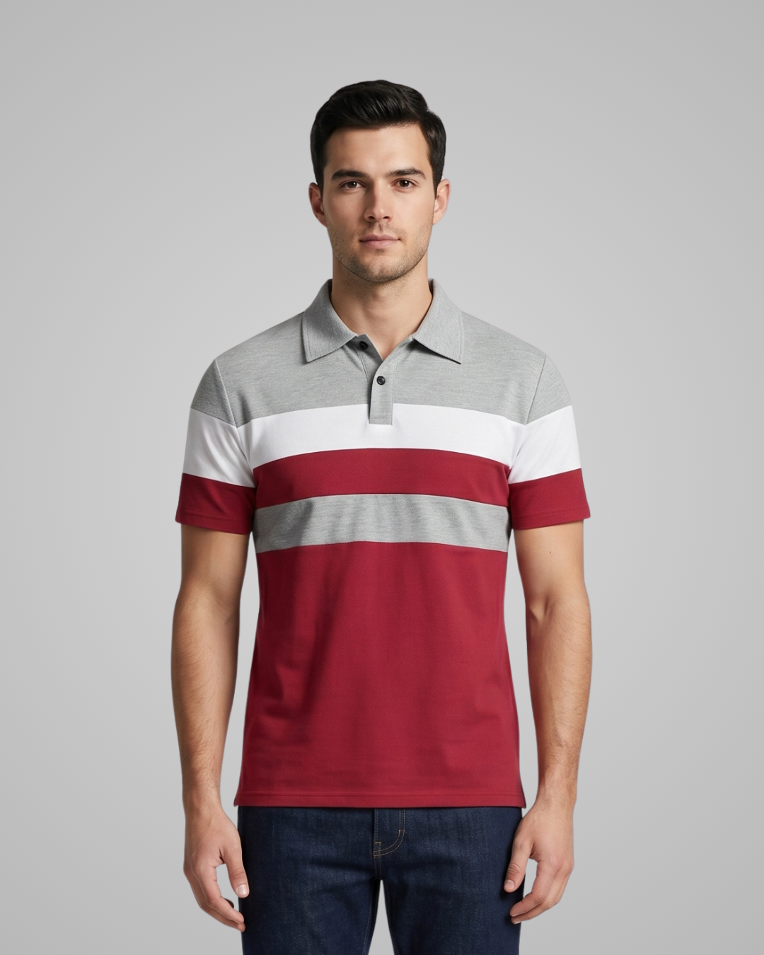 Man wearing a striped polo shirt with gray, red, and white colors on a gray background