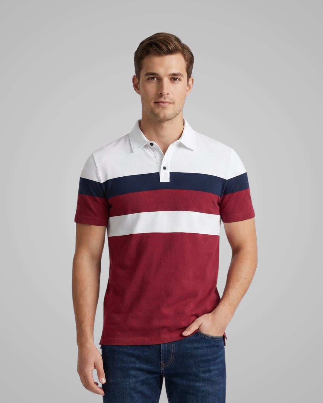 Man wearing a striped polo shirt with red, white, and blue colors on a gray background