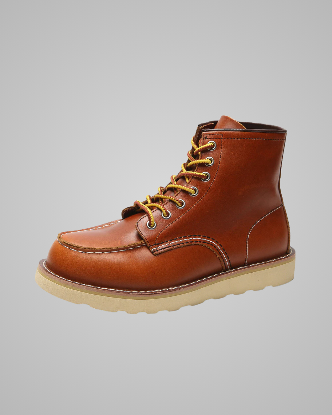 A brown leather lace-up ankle boot with tan laces and a thick beige sole, shown from a side profile on a neutral gray background.