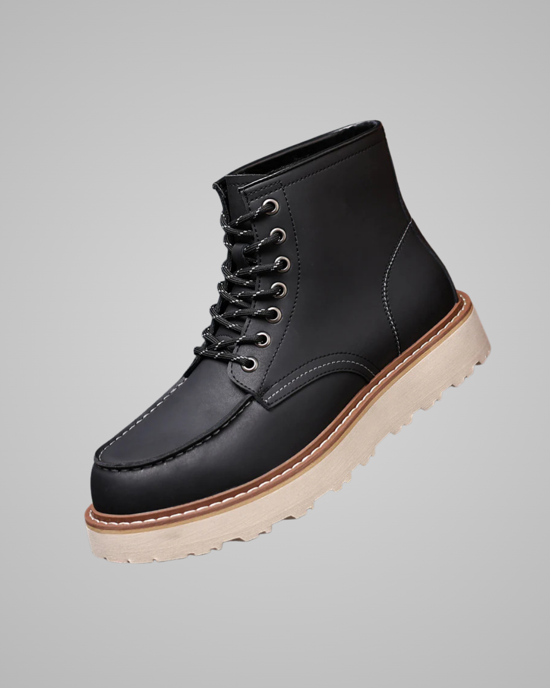 A black leather lace-up ankle boot with a thick beige sole, shown from a three-quarters angle against a solid gray background.