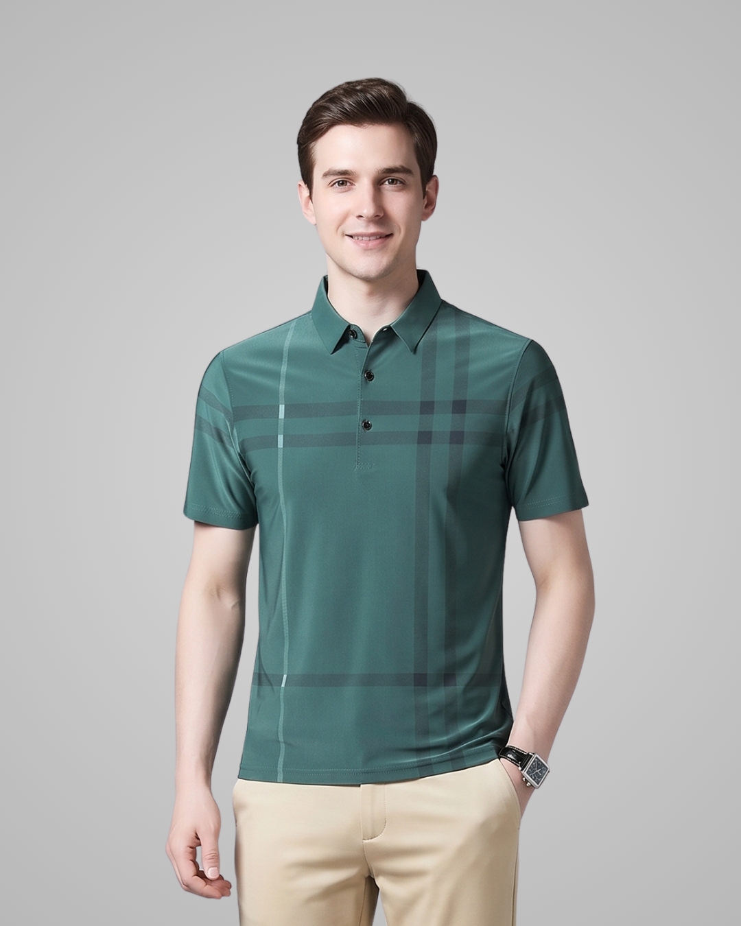 Man wearing a green checkered polo shirt against a gray background