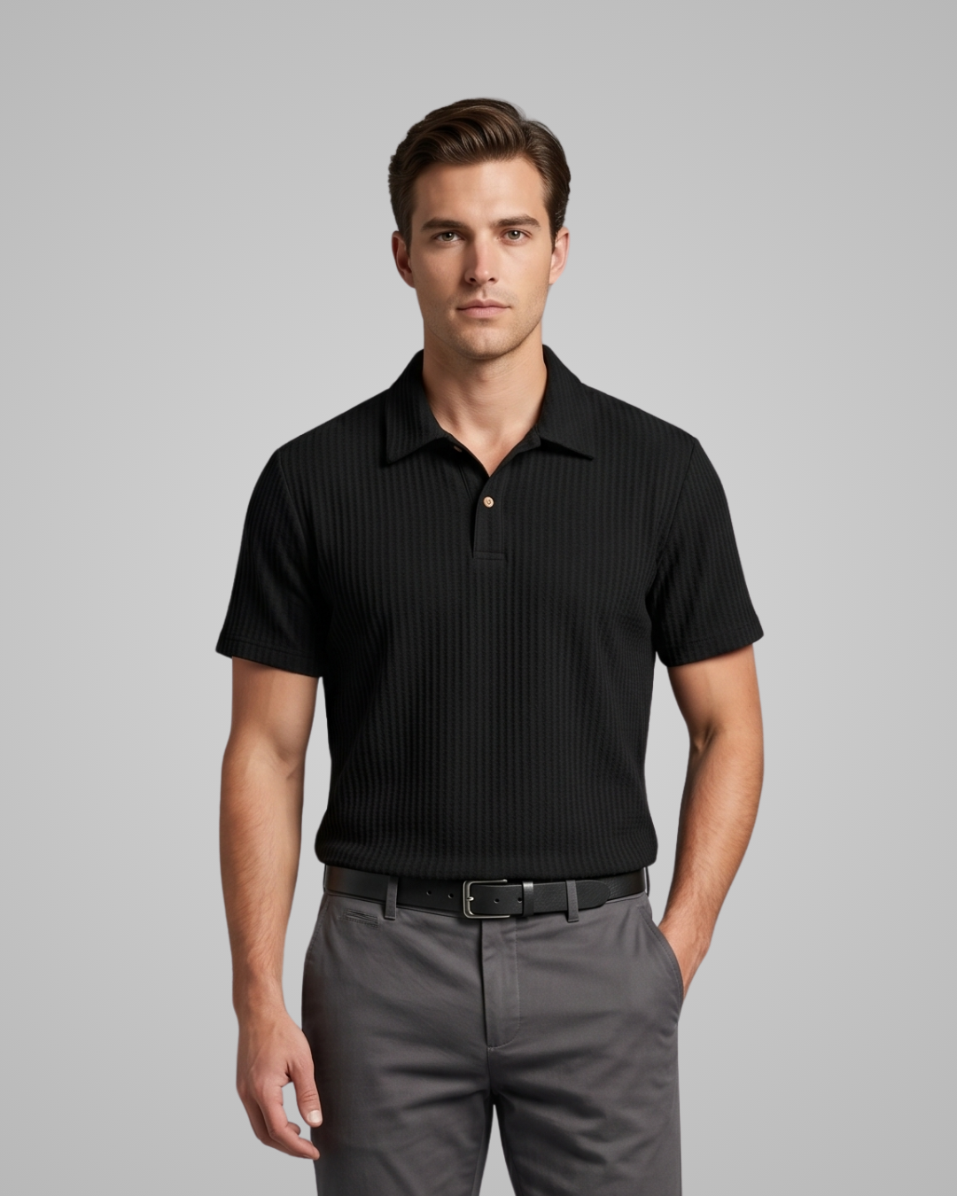 Man wearing a black polo shirt and gray pants on a gray background